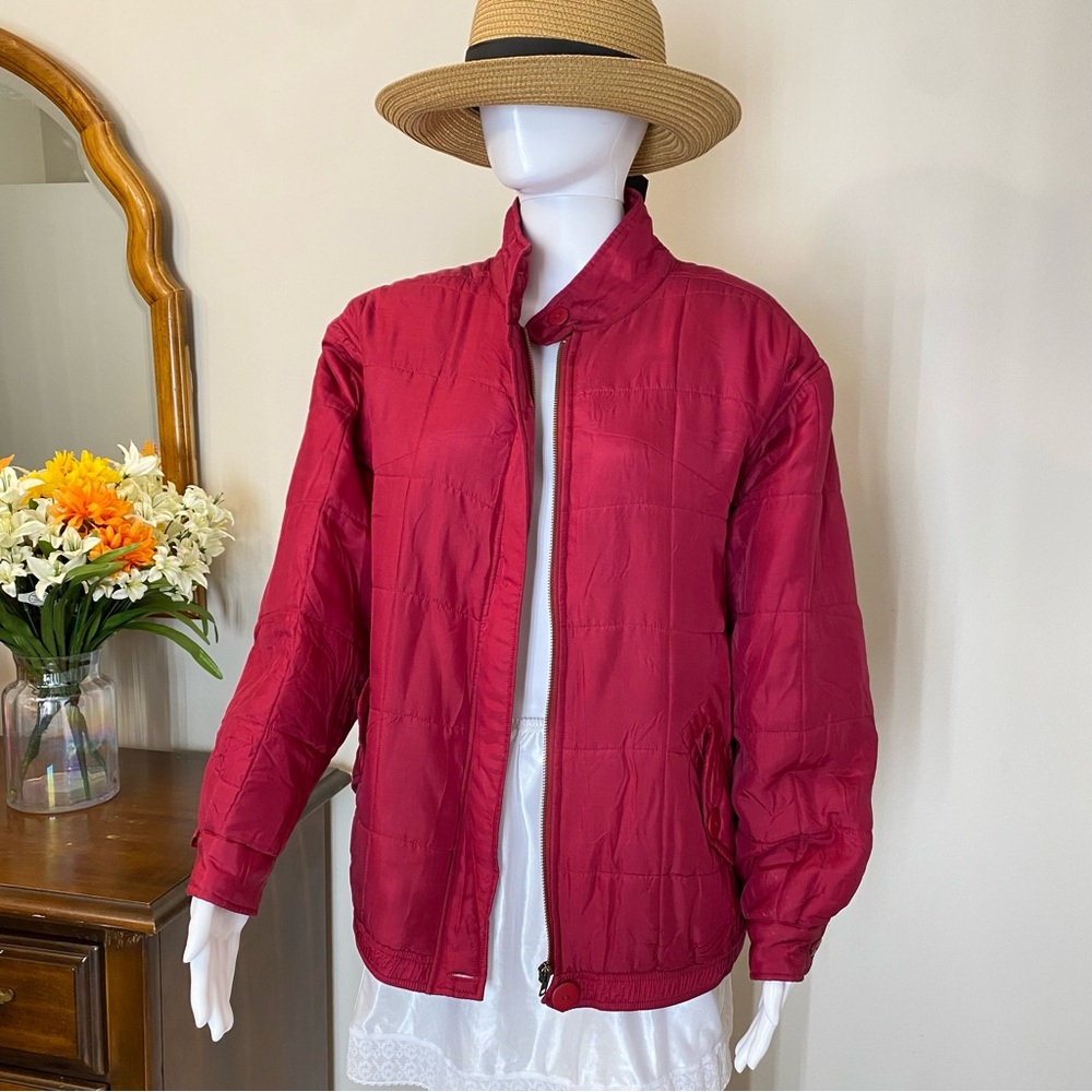 Anna and Frank 100% Silk Red Quilted Jacket Button Full Zipper Sz M